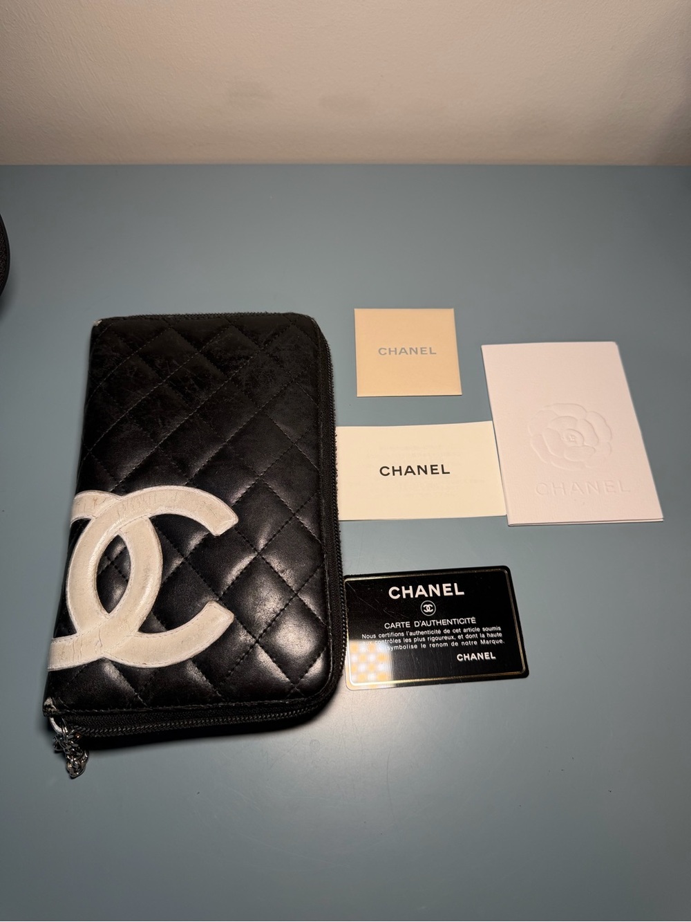 CHANEL Black Quilted Zip-Around Wallet White CC Logo Pink Interior & black card